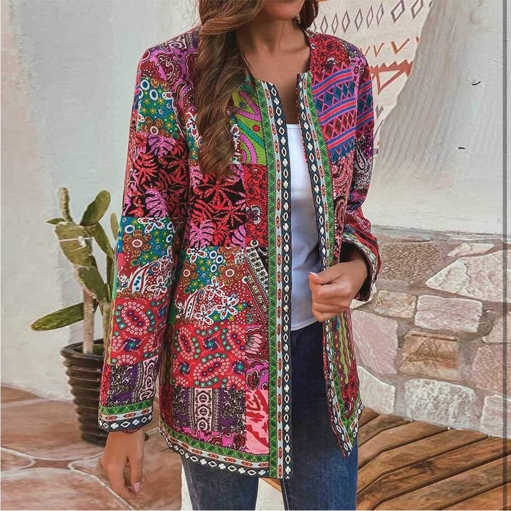 Multicolor Patchwork Open-Front Women's Jacket - Picture 3 of 10